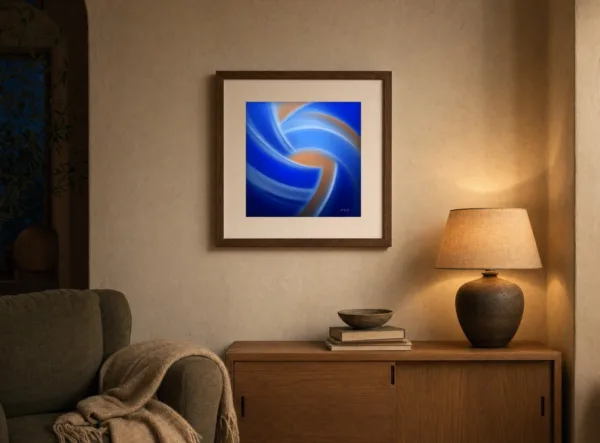 Cobalt Whirl by Bassem, art print shown framed on a wall