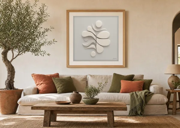 Ivory Petal Relief by Bassem, art print shown framed on a wall