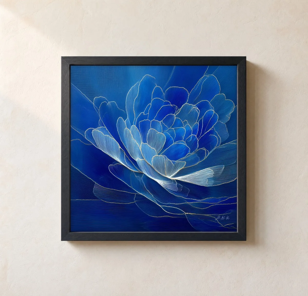 Sapphire Peony by Bassem, framed print on a wall