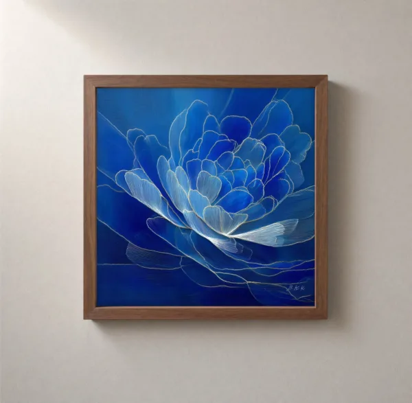 Sapphire Peony by Bassem, framed print on a wall