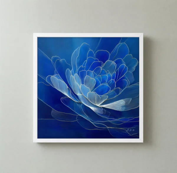 Sapphire Peony by Bassem, framed print on a wall
