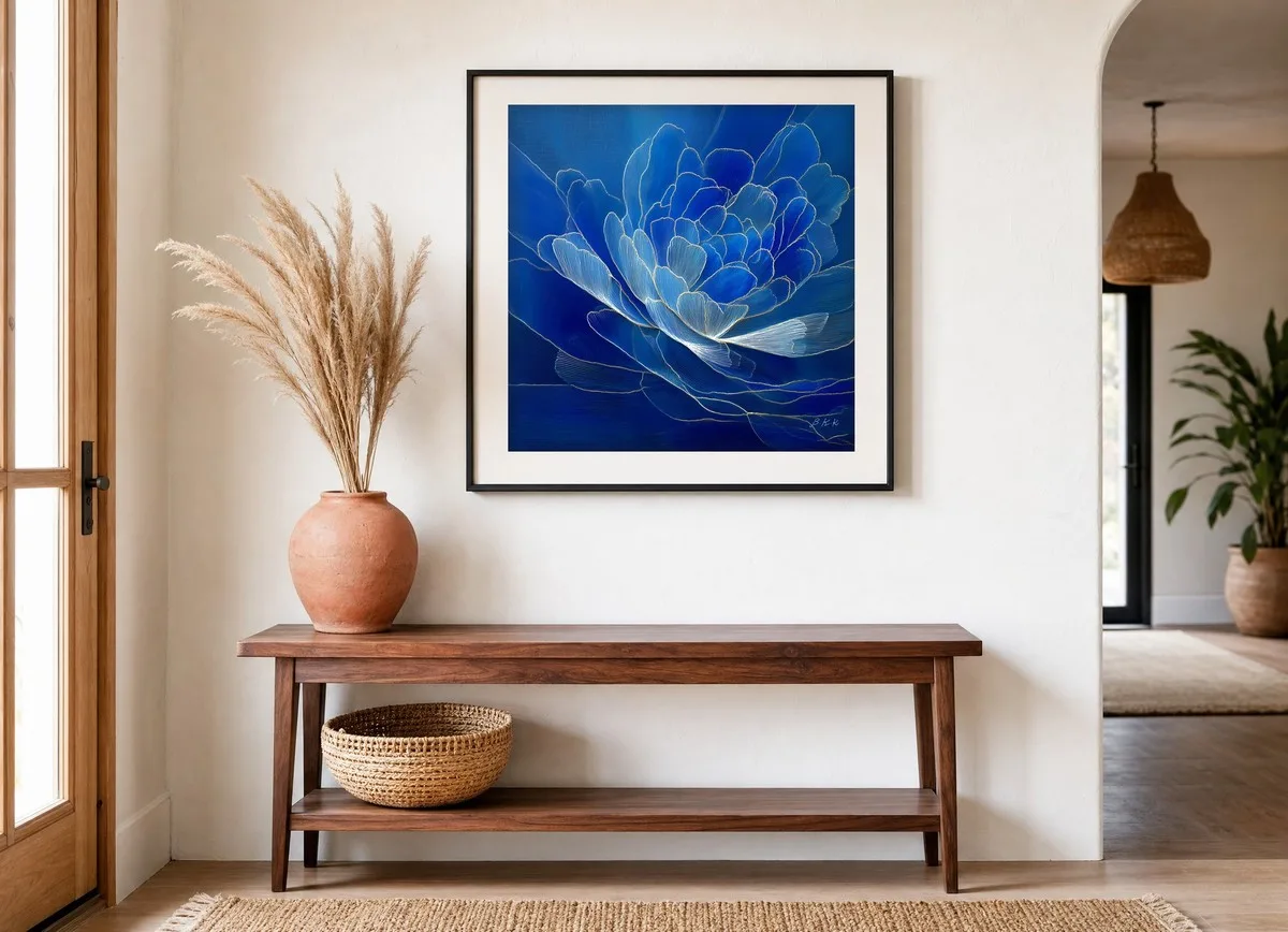 Sapphire Peony by Bassem, art print shown framed on a wall