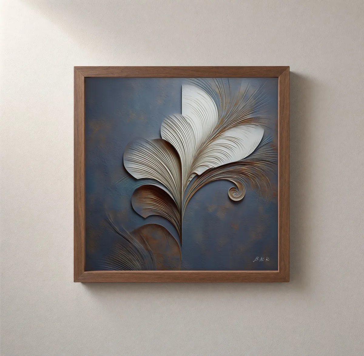 Slate Fan Leaves by Bassem, framed print on a wall