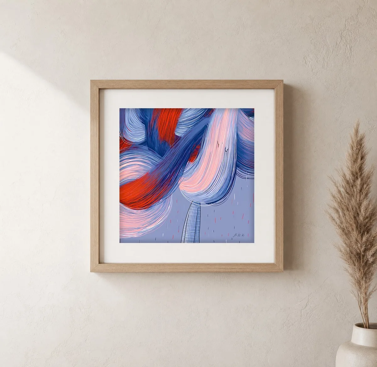 Ribbon Tree in Rain by Bassem, art print shown framed on a wall