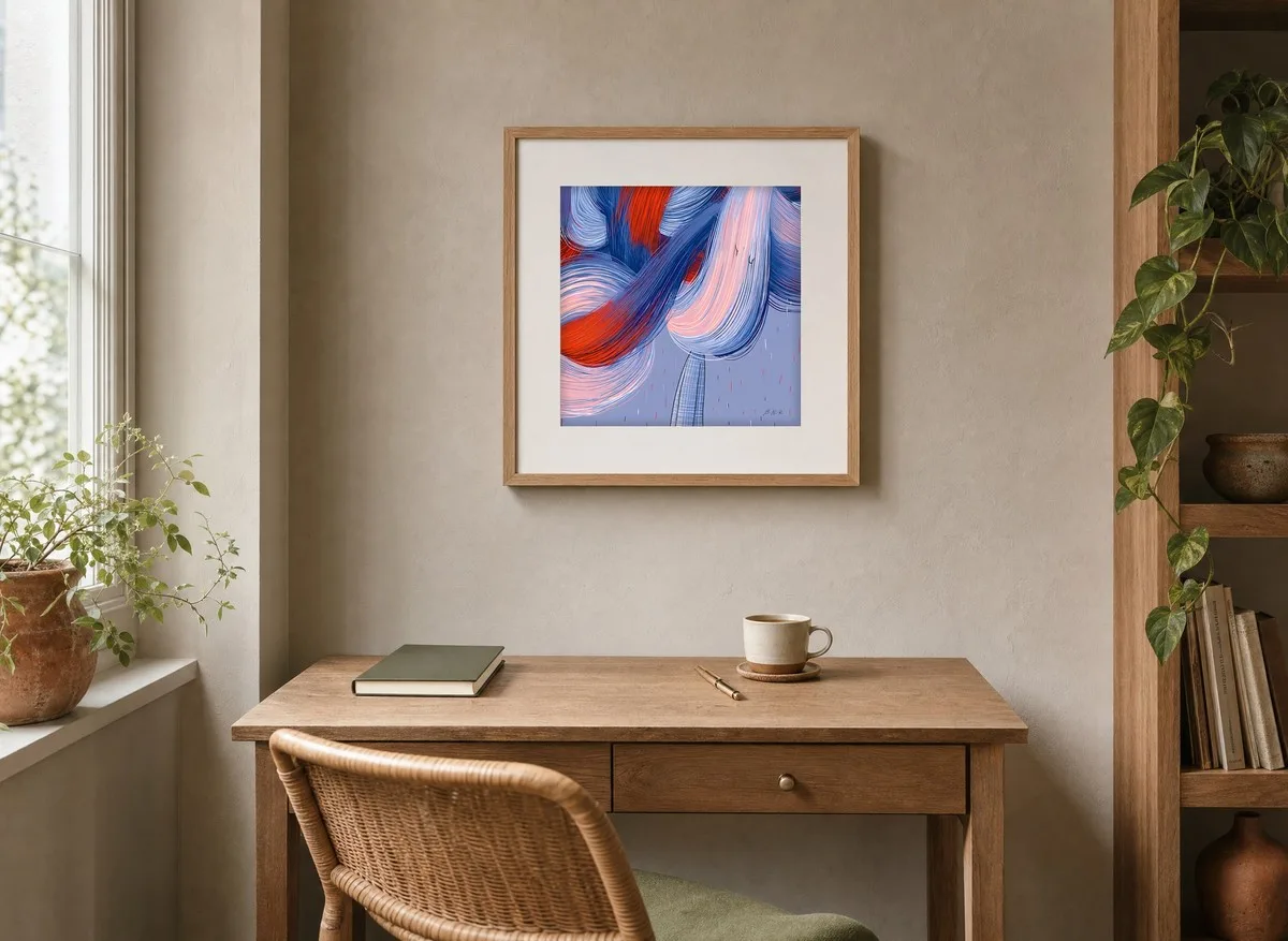 Ribbon Tree in Rain by Bassem, art print shown framed on a wall
