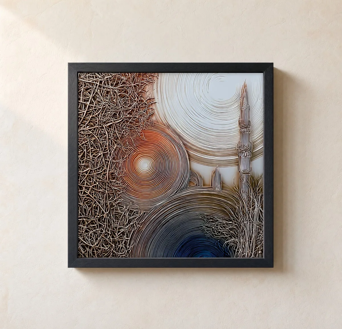 Spire Among Ripples by Bassem, framed print on a wall