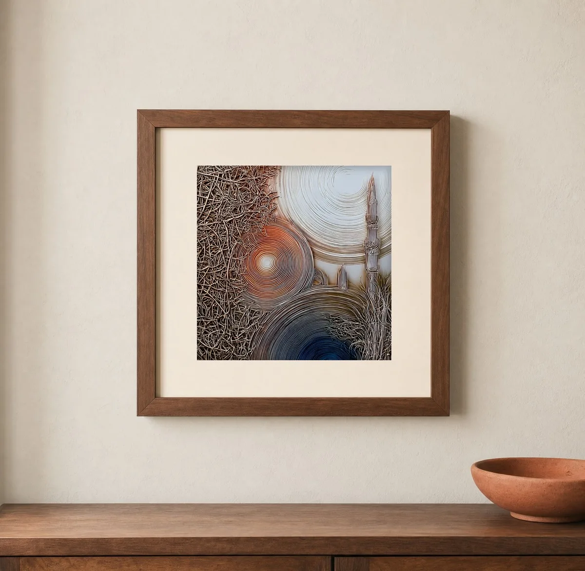 Spire Among Ripples by Bassem, art print shown framed on a wall