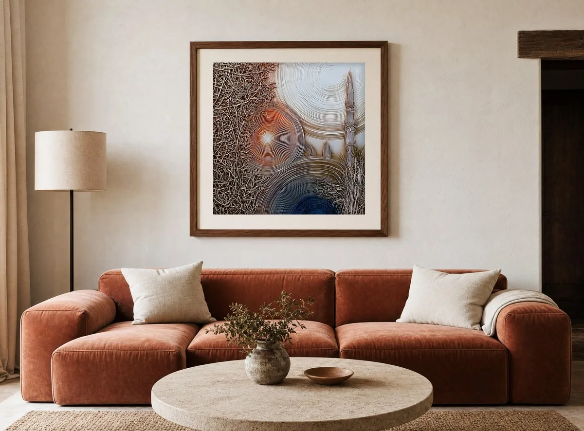 Spire Among Ripples by Bassem, art print shown framed on a wall