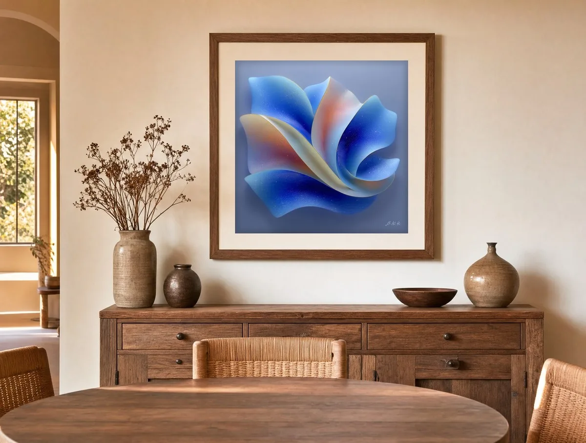 Stardust Petals by Bassem, art print shown framed on a wall