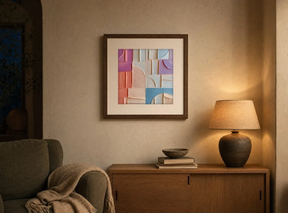 Pastel Plaster Tiles by Bassem, art print shown framed on a wall