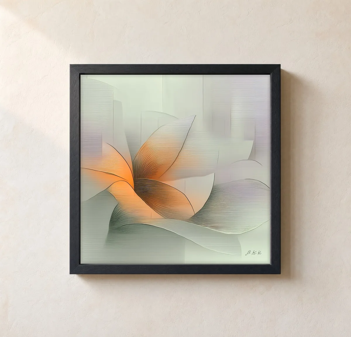 Apricot Heart Bloom by Bassem, framed print on a wall