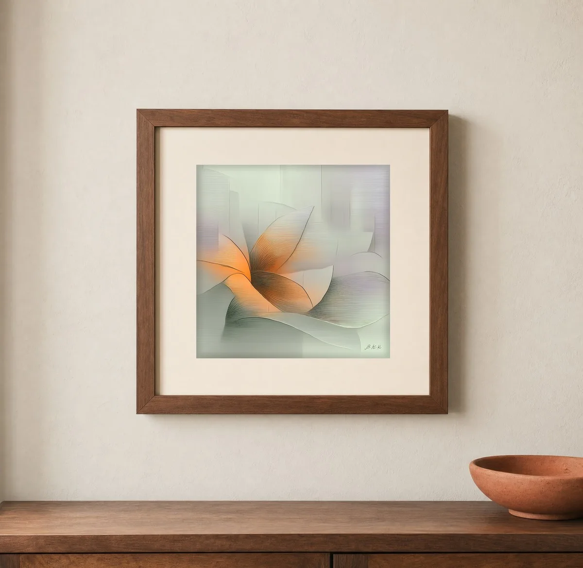 Apricot Heart Bloom by Bassem, art print shown framed on a wall