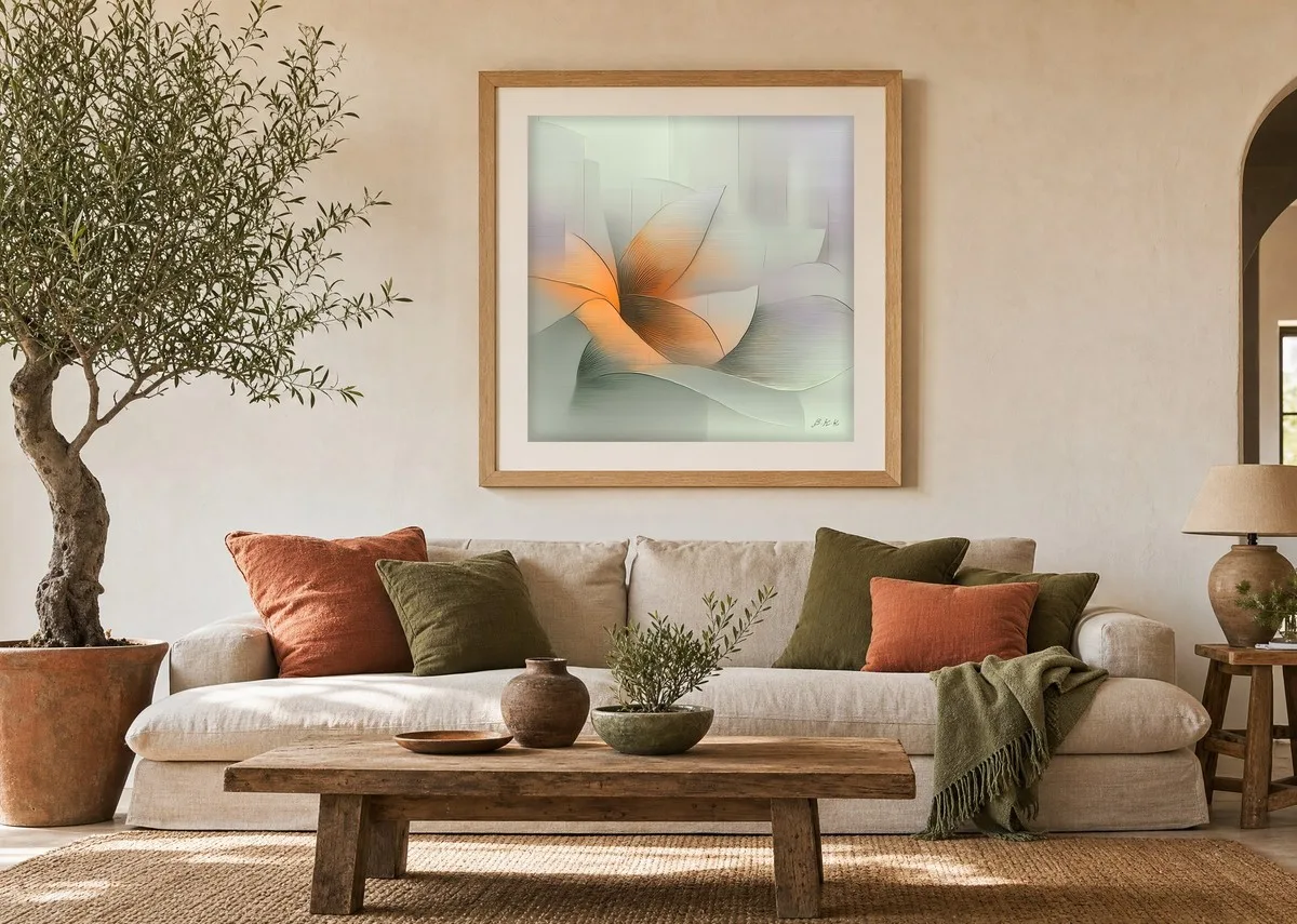 Apricot Heart Bloom by Bassem, art print shown framed on a wall