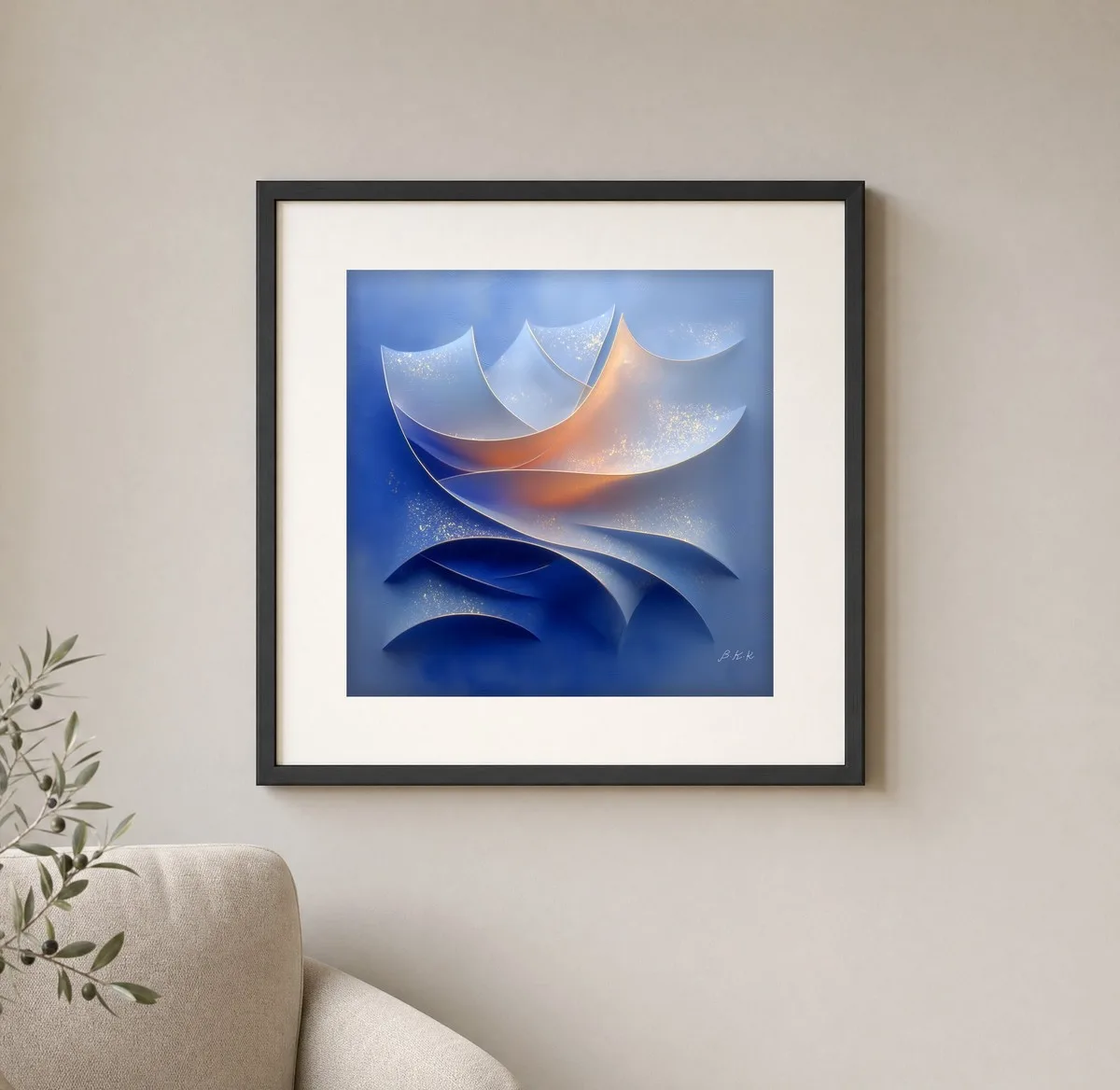 Gilded Blue Sails by Bassem, art print shown framed on a wall