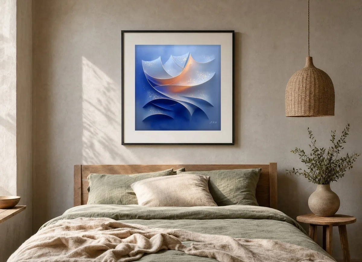 Gilded Blue Sails by Bassem, art print shown framed on a wall
