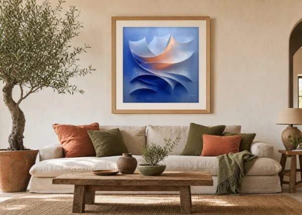 Gilded Blue Sails by Bassem, art print shown framed on a wall
