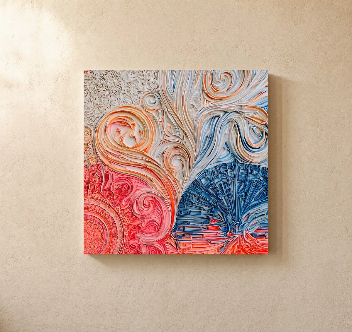 ba-0062-curled-ribbon-garden-canvas-1-canvas-closeup-limewash-v4 Curled Ribbon Garden by Bassem, canvas on a wall
