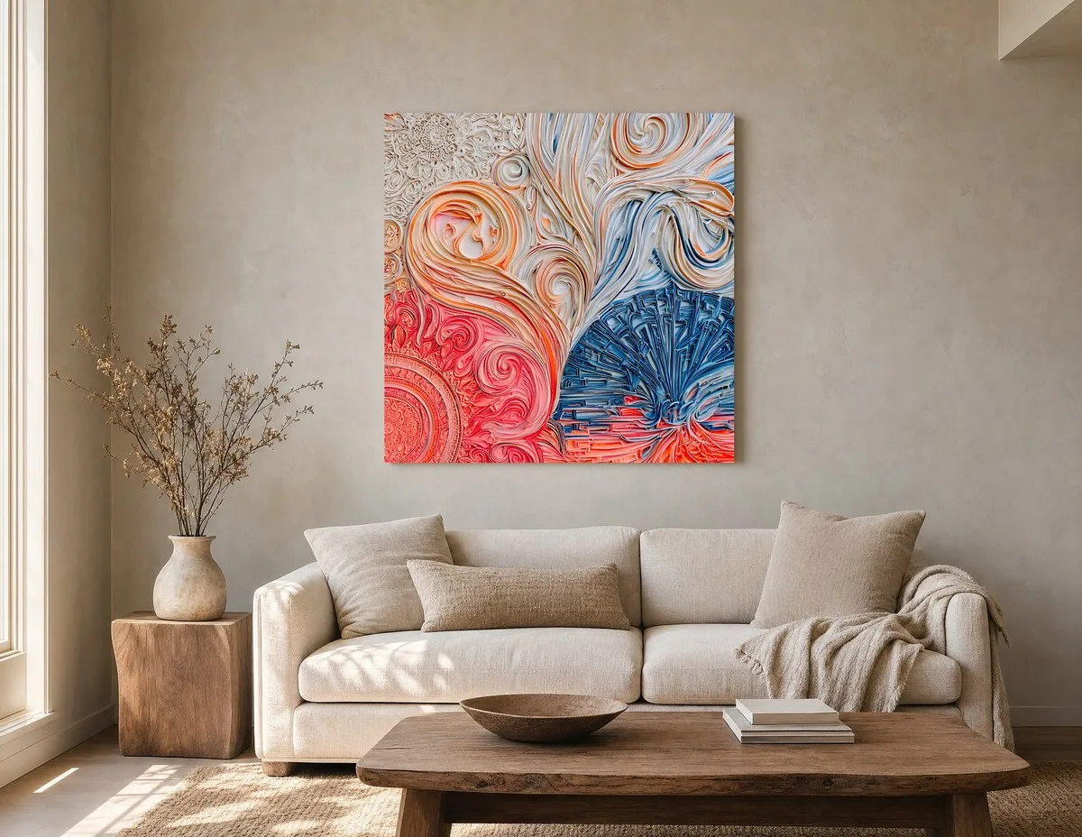 ba-0062-curled-ribbon-garden-canvas-2-canvas-room-living-greige-v4 Curled Ribbon Garden by Bassem, canvas on a wall