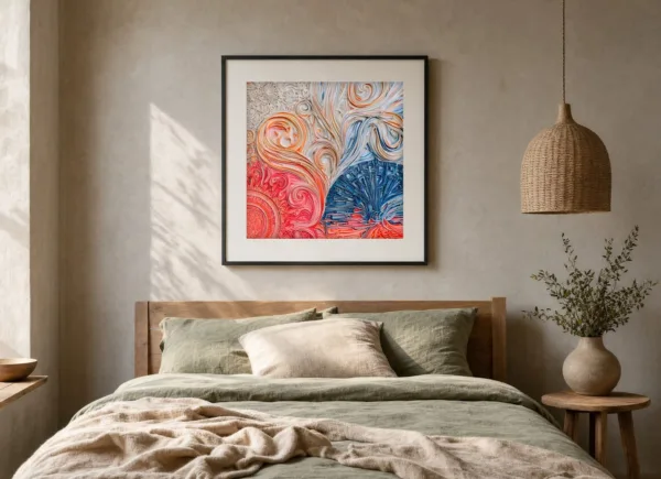 ba-0062-curled-ribbon-garden-print-3-room-bedroom-black-v6 Curled Ribbon Garden by Bassem, art print shown framed on a wall