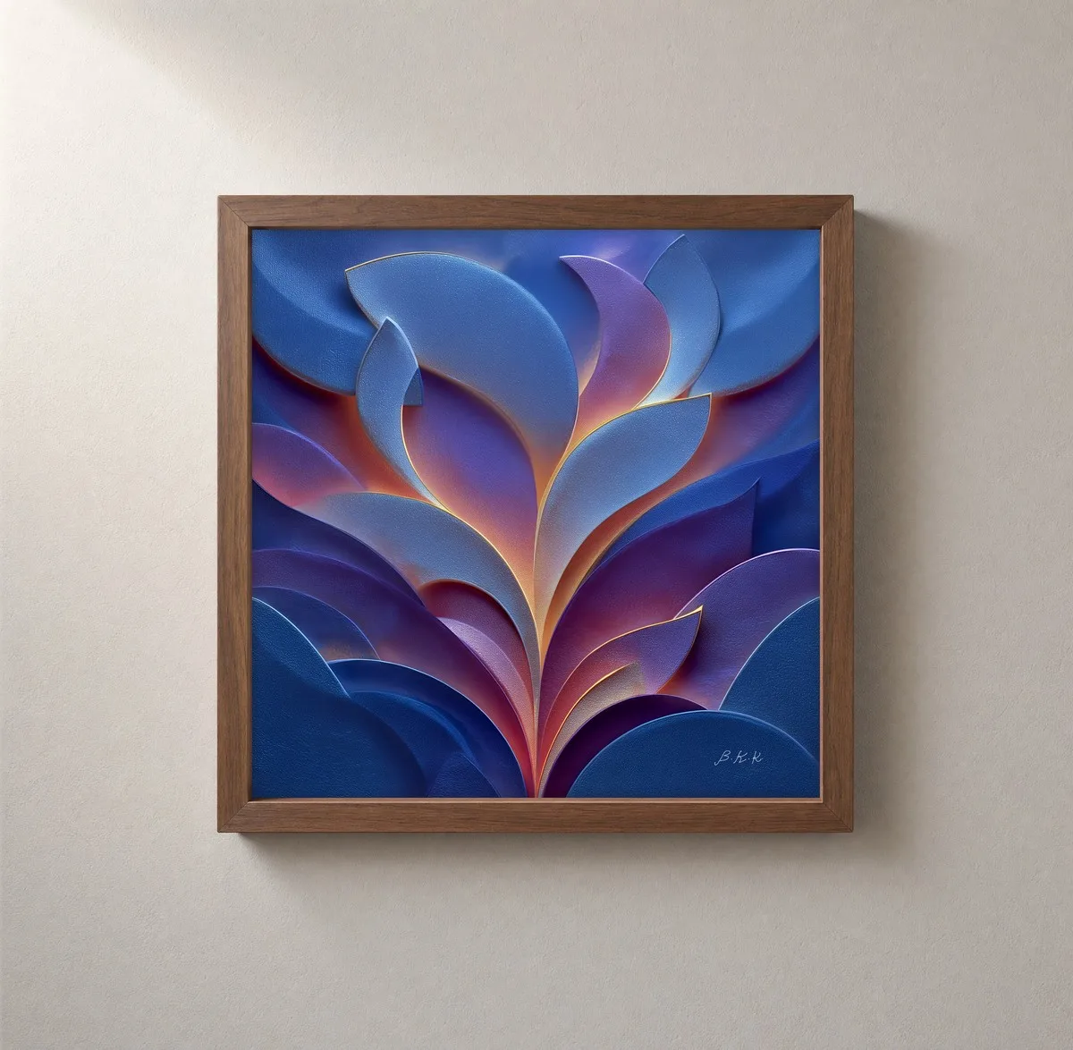 Violet Ember Leaves by Bassem, framed print on a wall