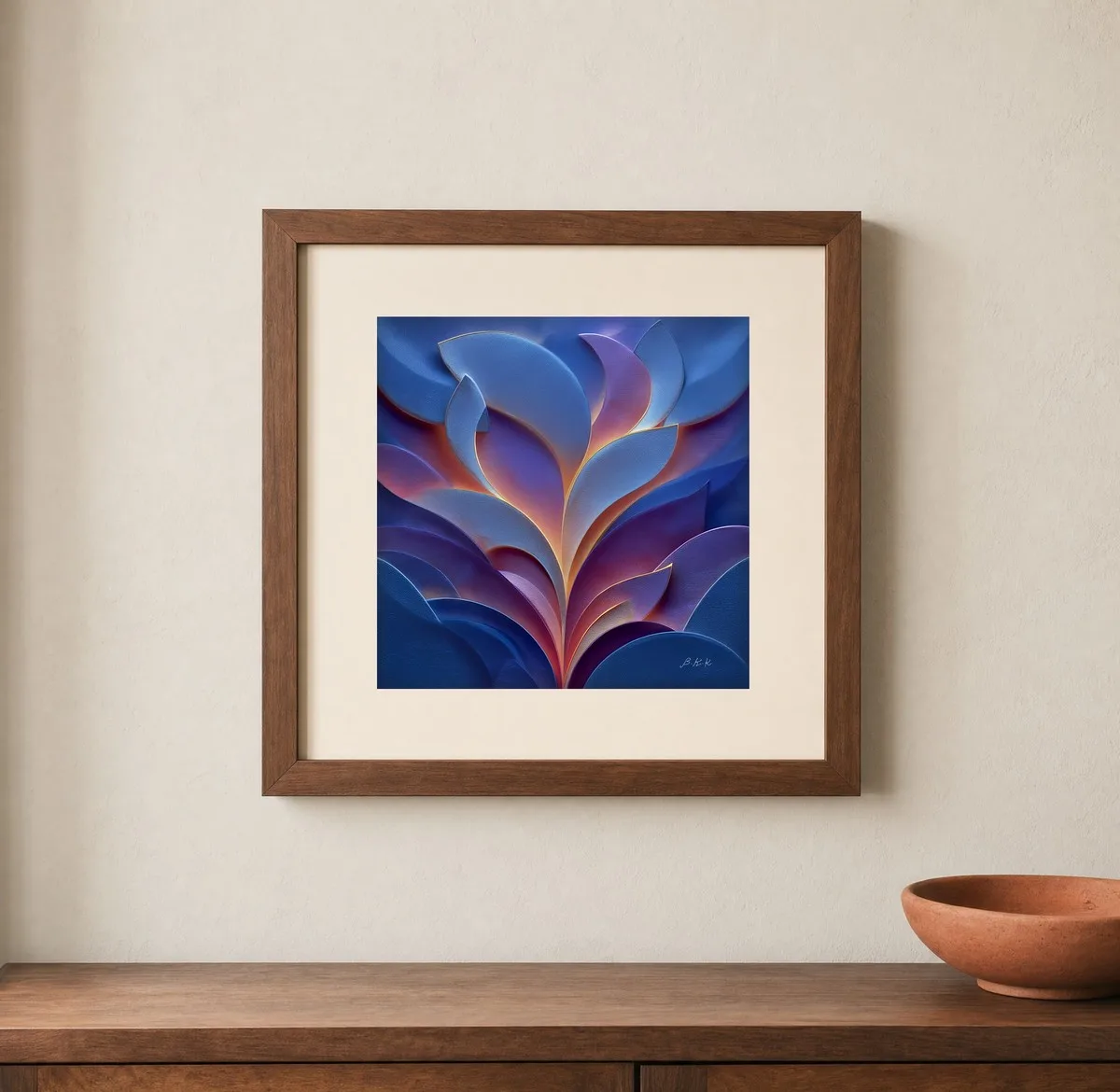 Violet Ember Leaves by Bassem, art print shown framed on a wall