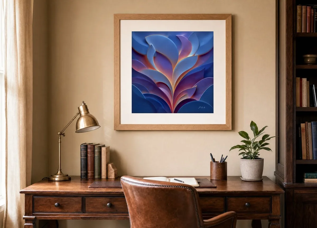 Violet Ember Leaves by Bassem, art print shown framed on a wall