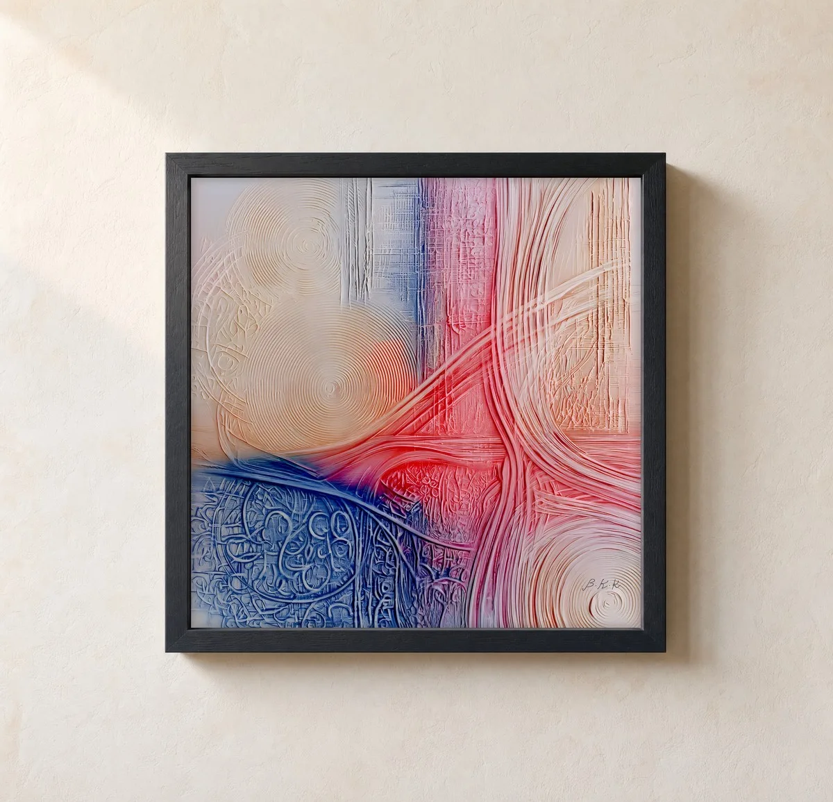 Rose Thread Ripples by Bassem, framed print on a wall