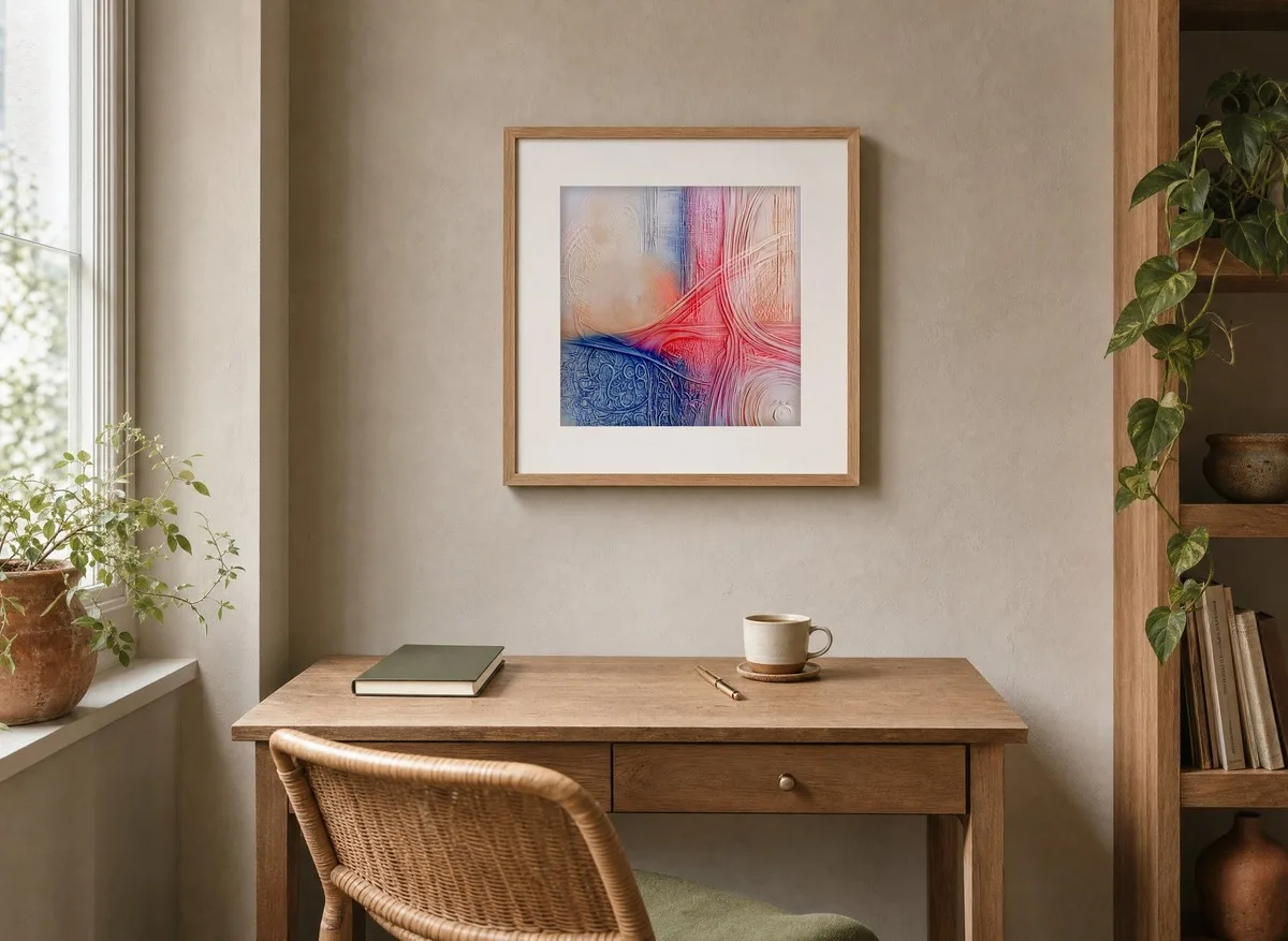 Rose Thread Ripples by Bassem, art print shown framed on a wall