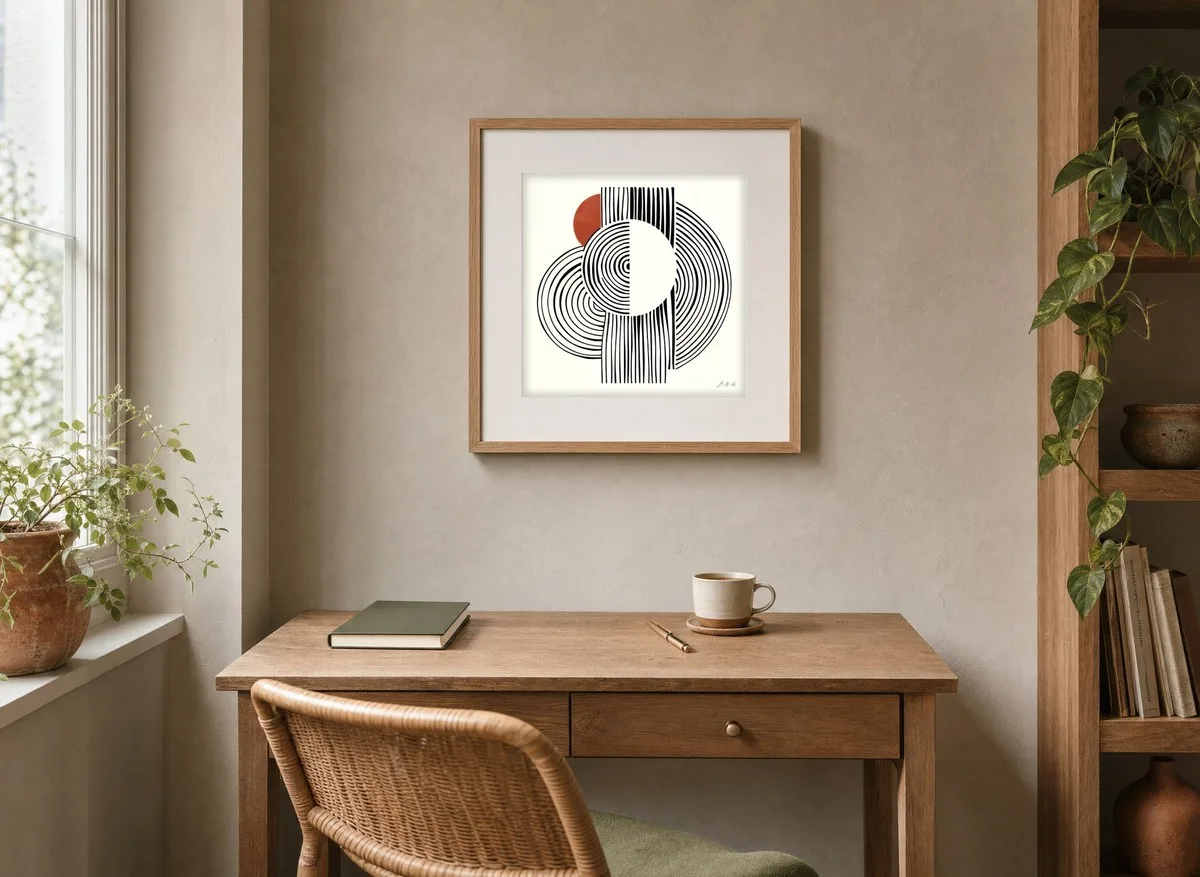 Rust Disc and Rings by Bassem, art print shown framed on a wall