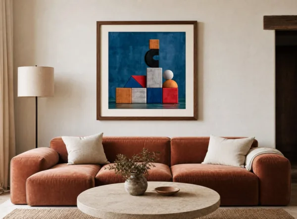 ba-0068-tower-of-blocks-print-3-room-living-terracotta-walnut-v6 Tower of Blocks by Bassem, art print shown framed on a wall