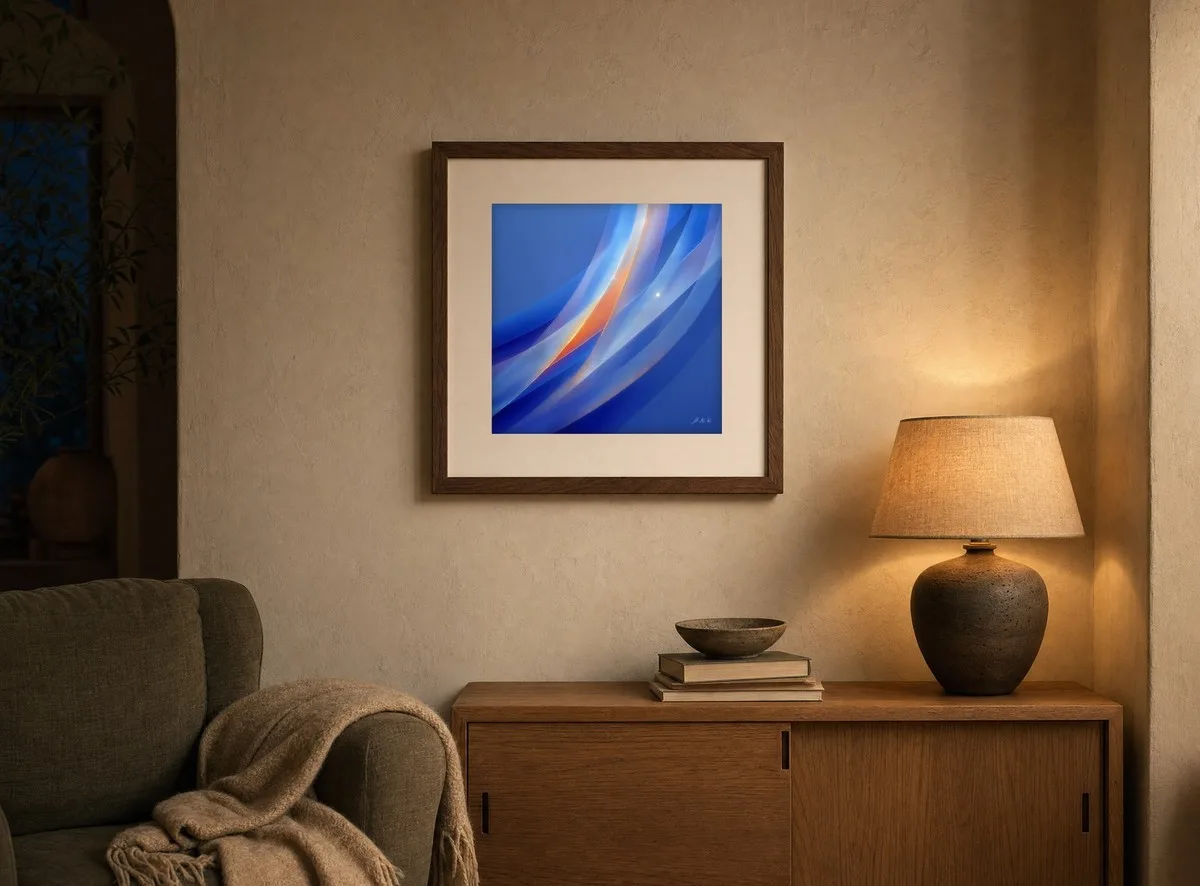 Cobalt Drift by Bassem, art print shown framed on a wall