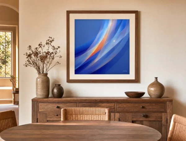 Cobalt Drift by Bassem, art print shown framed on a wall
