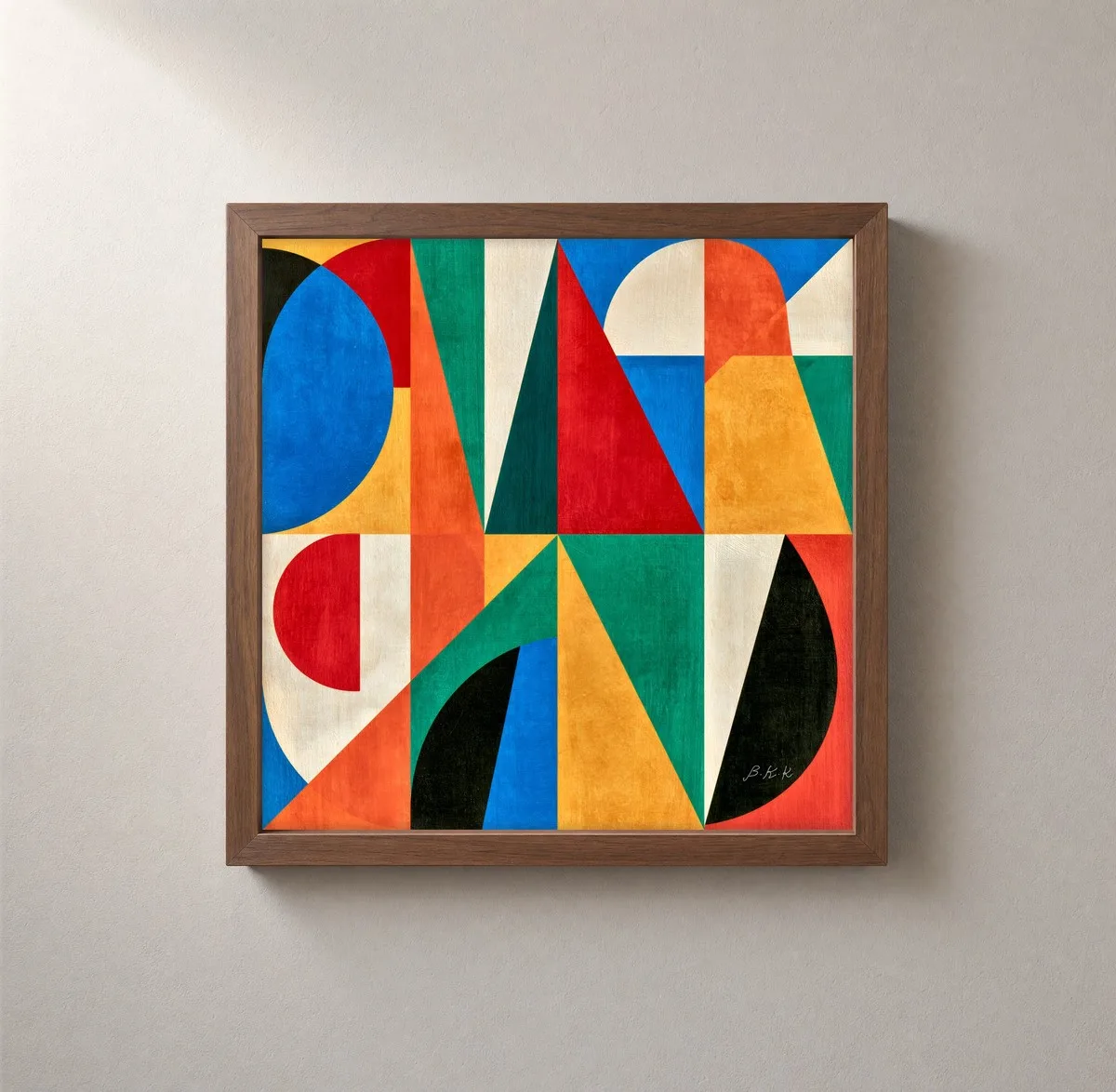 Patchwork of Shapes by Bassem, framed print on a wall