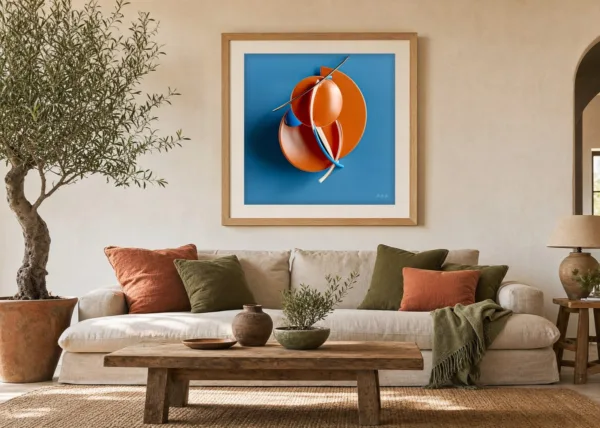 Layered Orange Discs by Bassem, art print shown framed on a wall