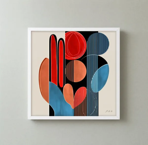 Red and Blue Columns by Bassem, framed print on a wall