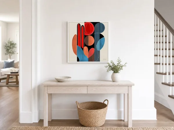 Red and Blue Columns by Bassem, framed print on a wall