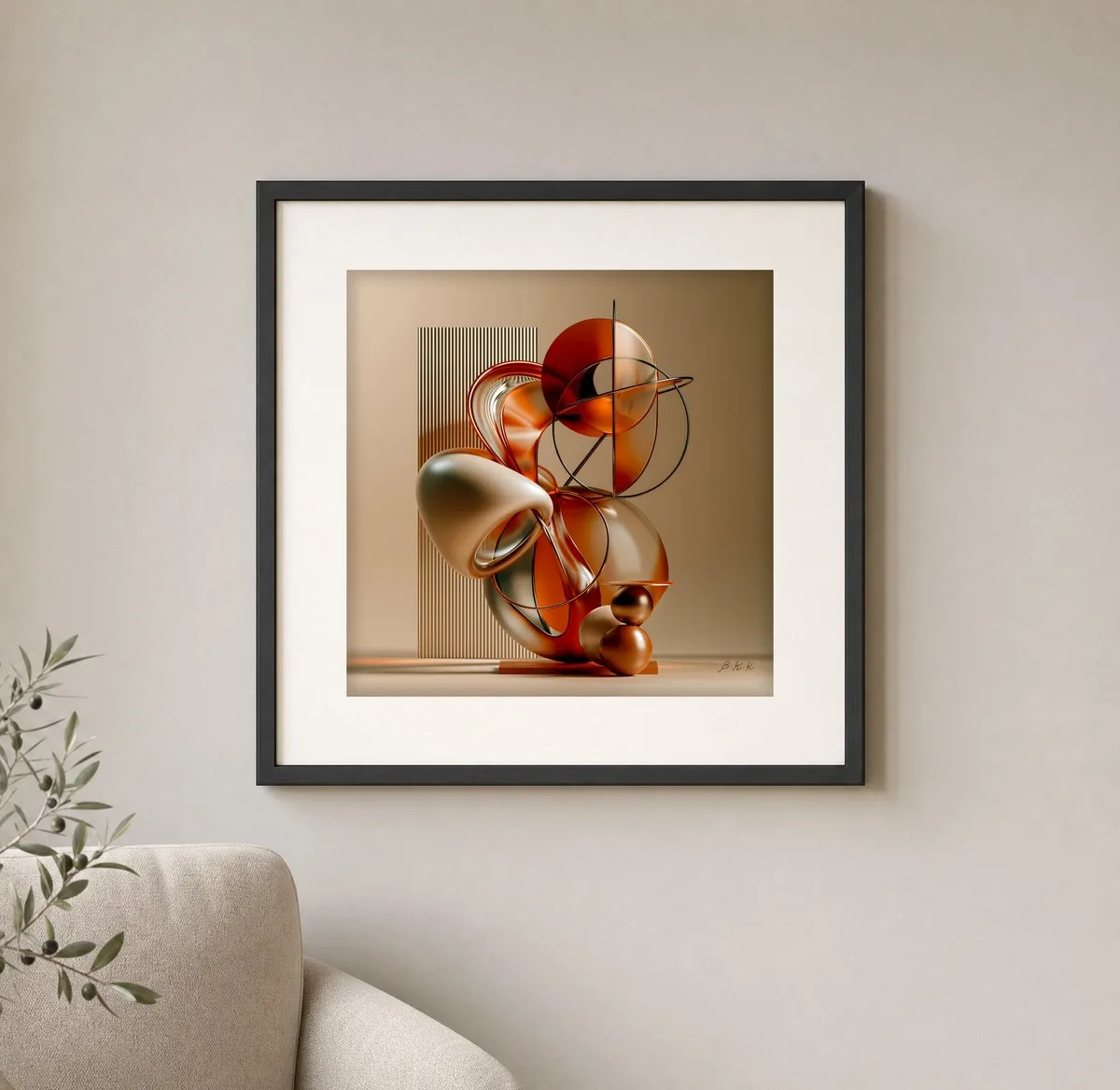 ba-0073-sculpted-copper-loops-print-1-closeup-black-v6 Sculpted Copper Loops by Bassem, art print shown framed on a wall