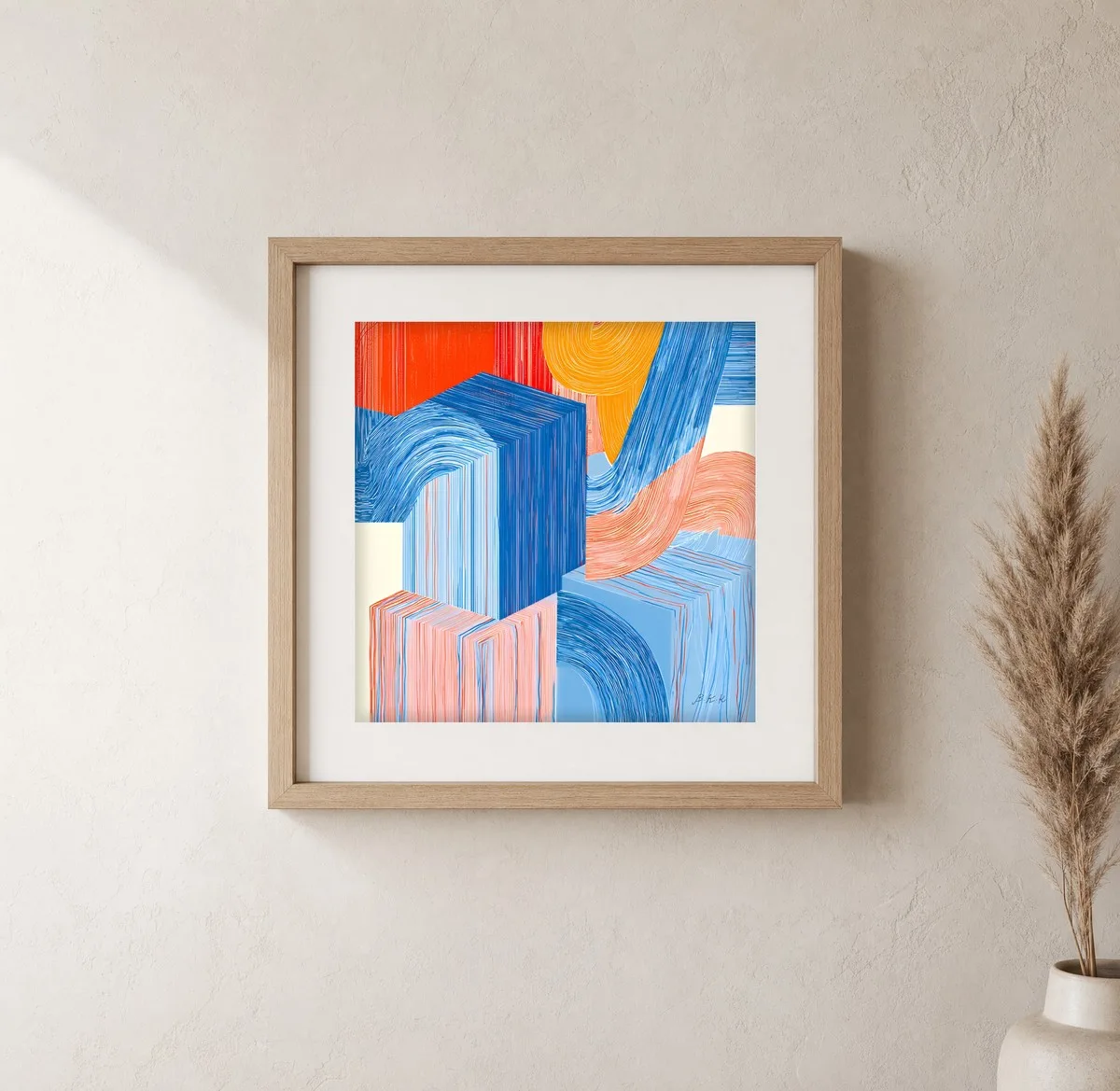 ba-0074-threaded-blocks-print-1-closeup-oak-v6 Threaded Blocks by Bassem, art print shown framed on a wall