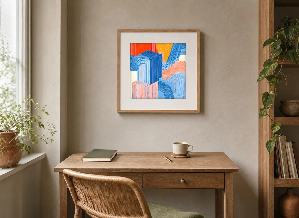 Threaded Blocks by Bassem, art print shown framed on a wall