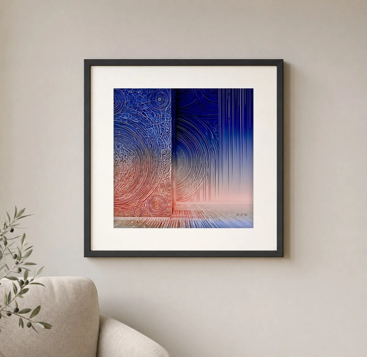 ba-0076-embossed-ripples-print-1-closeup-black-v6 Embossed Ripples by Bassem, art print shown framed on a wall