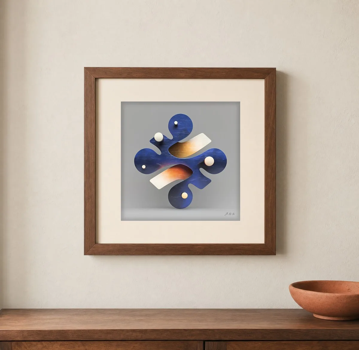 ba-0078-cloverleaf-in-navy-print-1-closeup-walnut-v6 Cloverleaf in Navy by Bassem, art print shown framed on a wall