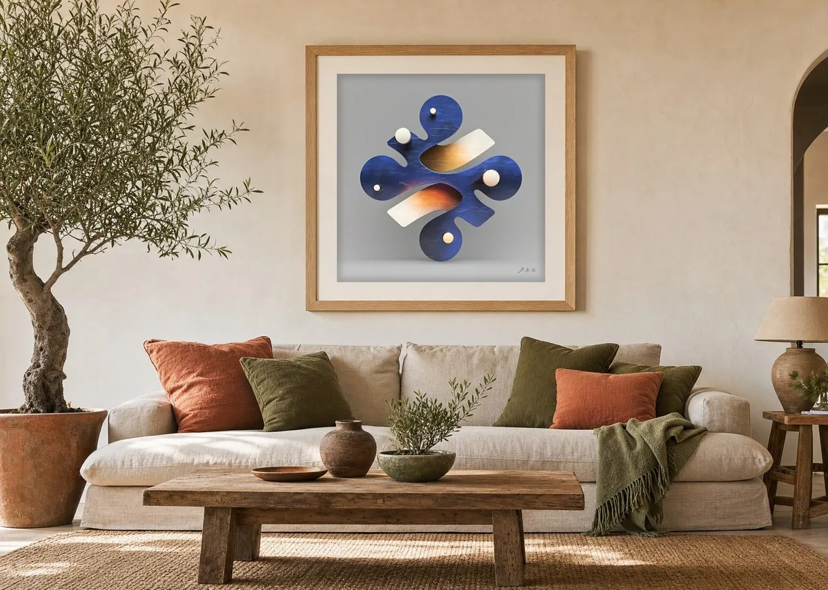 Cloverleaf in Navy by Bassem, art print shown framed on a wall