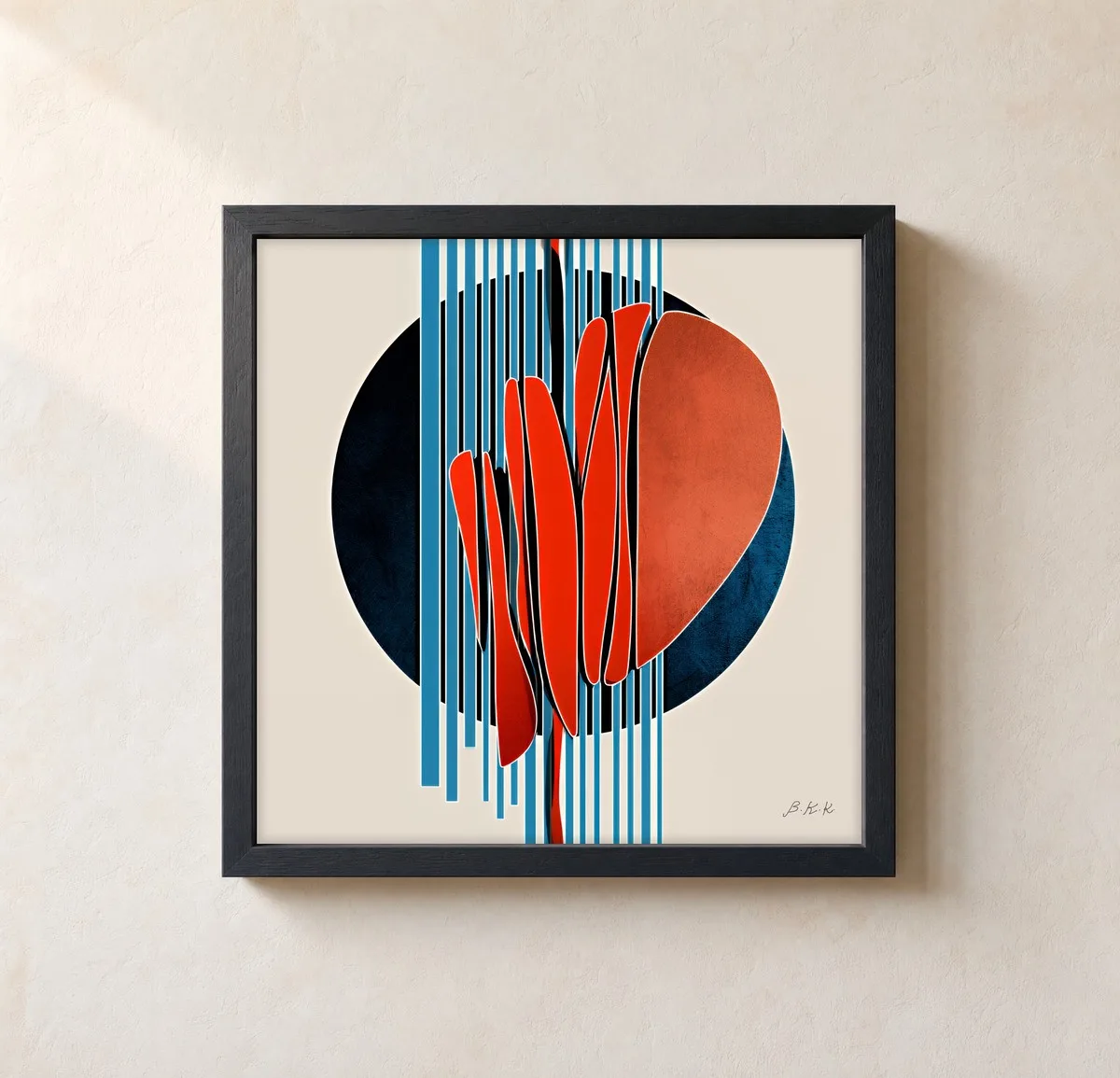 Red Blades and Stripes by Bassem, framed print on a wall