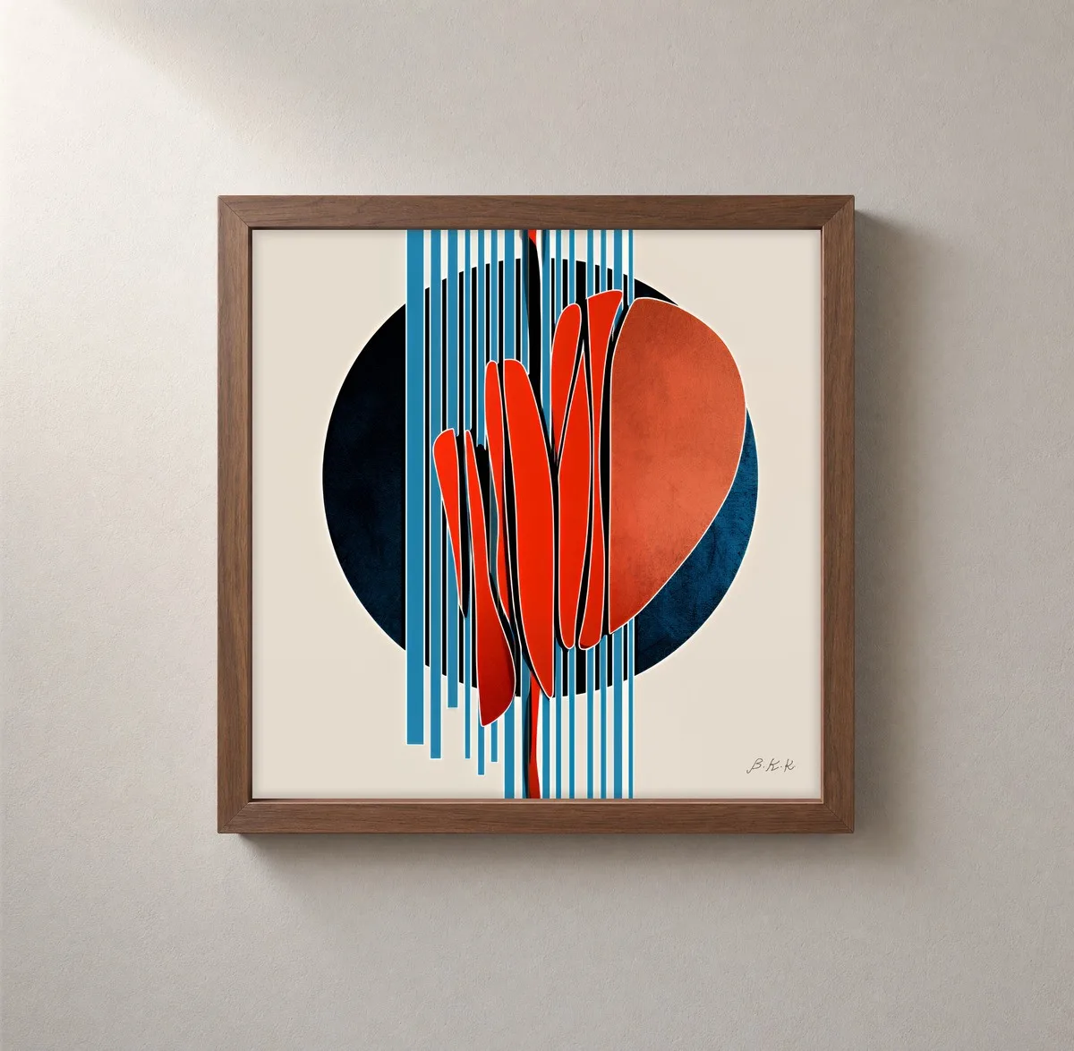 Red Blades and Stripes by Bassem, framed print on a wall