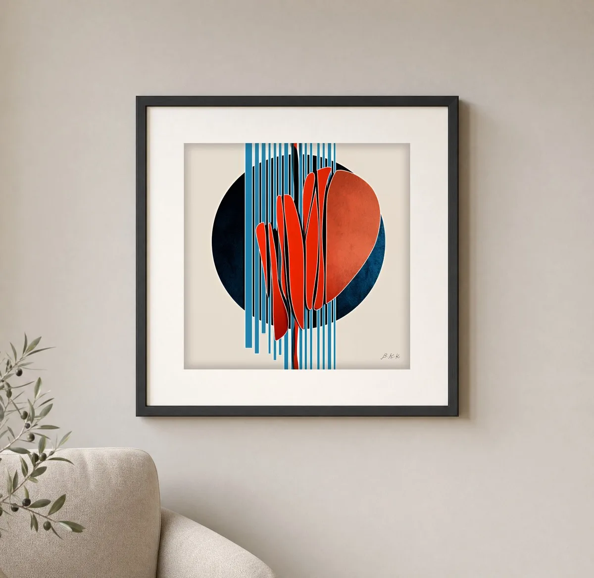 Red Blades and Stripes by Bassem, art print shown framed on a wall