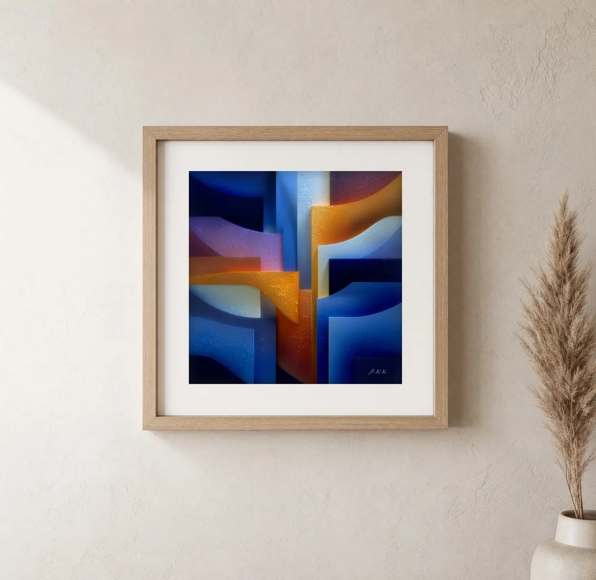 ba-0080-stepped-blue-planes-print-1-closeup-oak-v6 Stepped Blue Planes by Bassem, art print shown framed on a wall