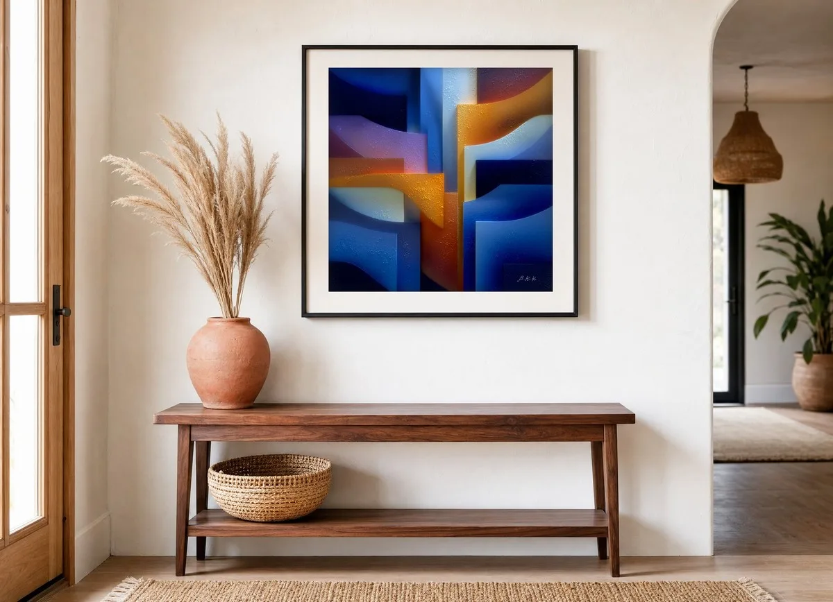 Stepped Blue Planes by Bassem, art print shown framed on a wall