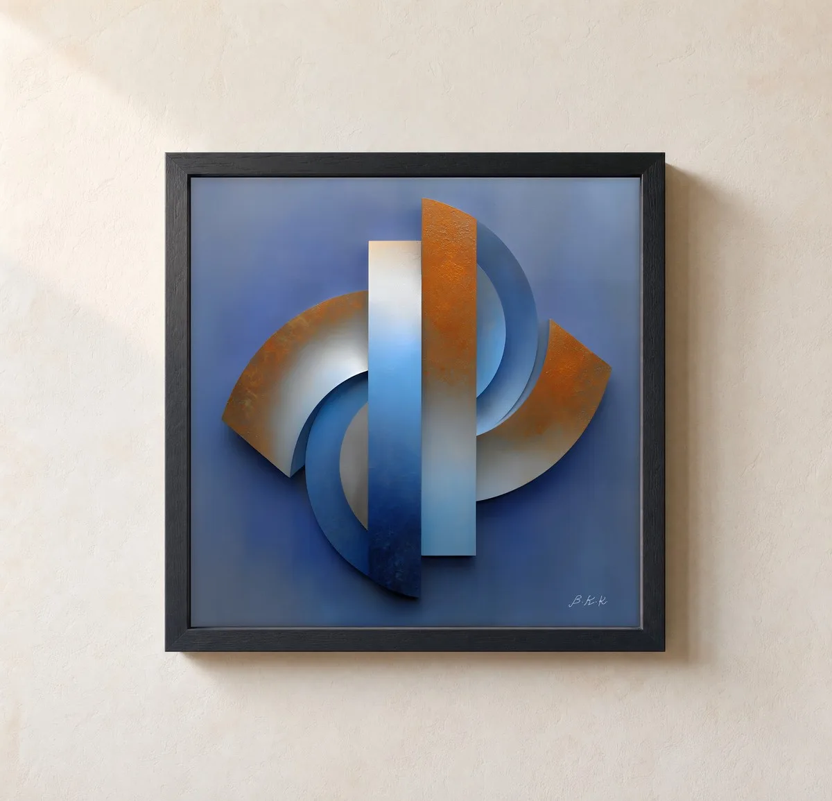 Rust and Blue Relief by Bassem, framed print on a wall