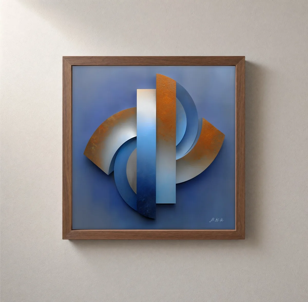 Rust and Blue Relief by Bassem, framed print on a wall