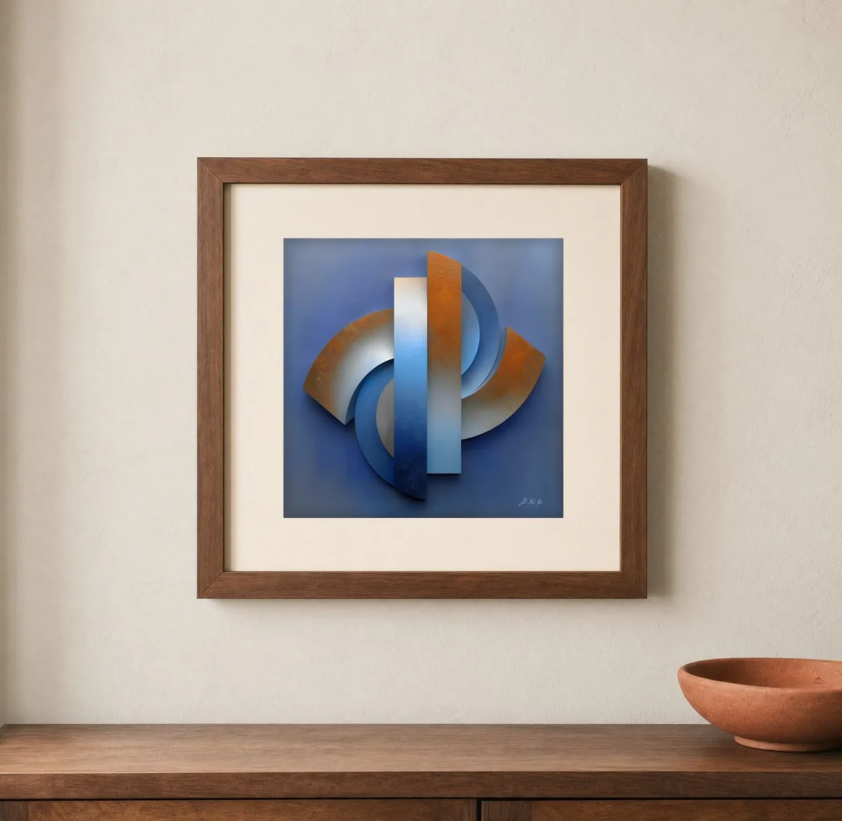 ba-0081-rust-and-blue-relief-print-1-closeup-walnut-v6 Rust and Blue Relief by Bassem, art print shown framed on a wall